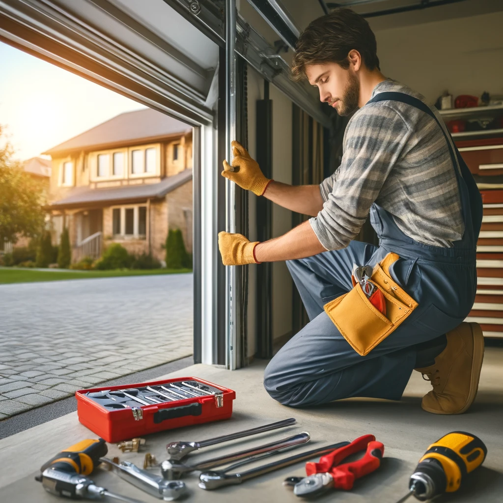 A professional garage technician performing maintenance on a garage door in a suburban setting. The technician is equipped with clean tools and safety gear, ensuring a safe and efficient repair