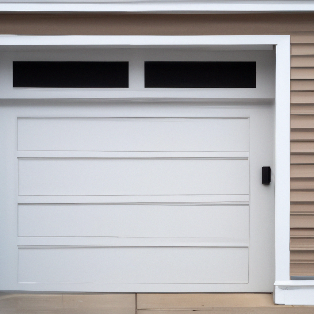 Modern neutral-colored garage door on a seaside Marblehead, MA home exterior
