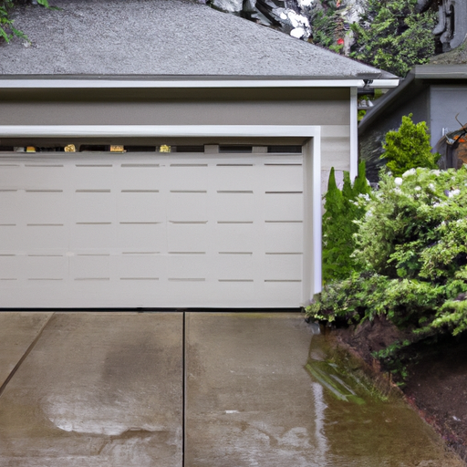 Front-facing insulated garage door on a Burien home with wet driveway and Pacific Northwest plants.