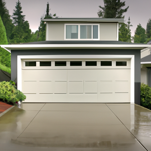 Residential garage door closed on a wet driveway in Burien, WA with evergreen landscaping and overcast sky.