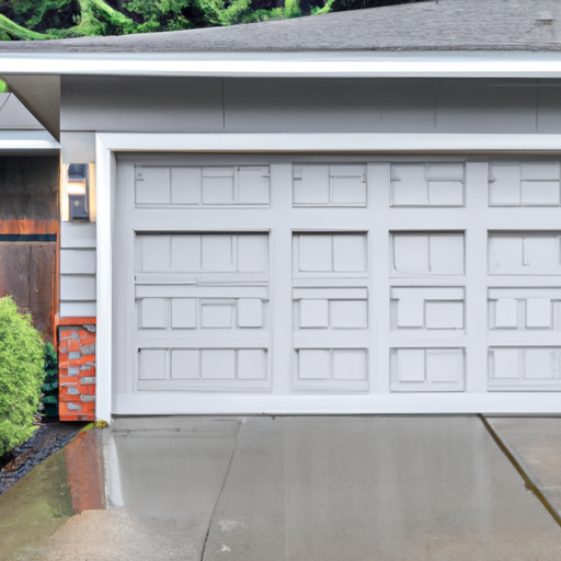 Sectional garage door on a suburban Burien home with wet driveway and coastal landscaping in overcast light.