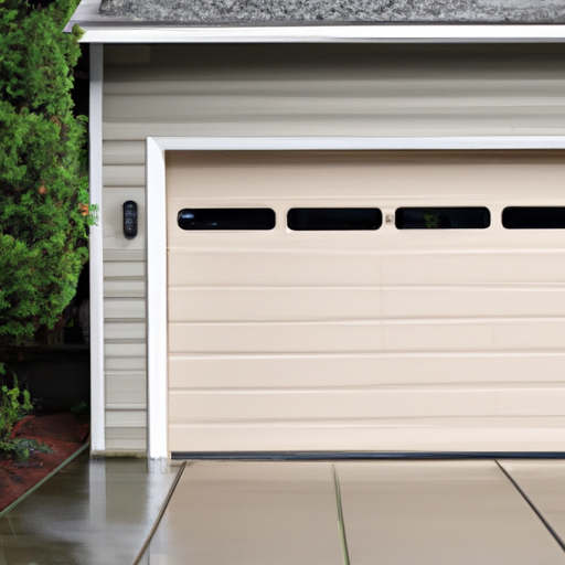 Residential garage door in Burien, WA on an overcast day with visible tracks and wet driveway