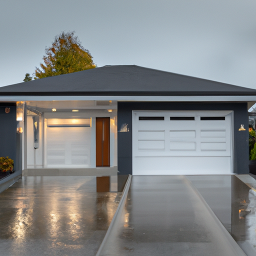 Exterior Burien home with a smart garage system visible: sectional garage door, controller unit, and driveway camera under overcast sky.