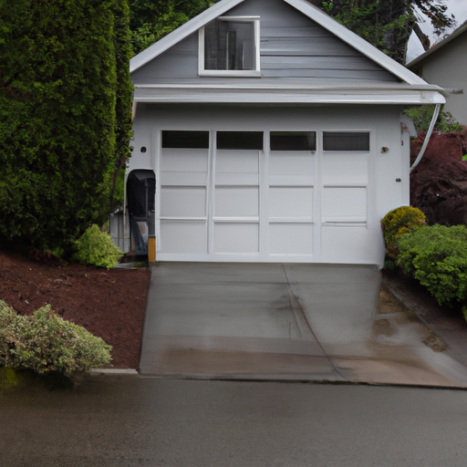 Modern white paneled garage door partially open on a Burien home with wet driveway and evergreen landscaping.
