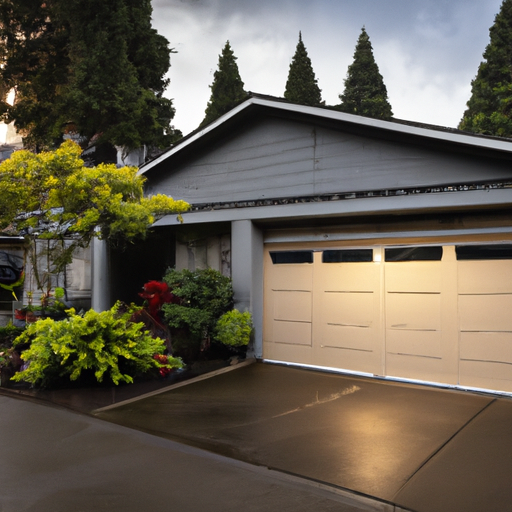 Residential sectional garage door on a Burien, WA home with damp driveway and Pacific Northwest landscaping at golden hour.