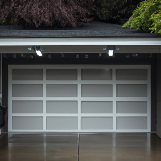 Residential garage with smart opener and sectional door in Burien, WA, coastal landscaping visible.