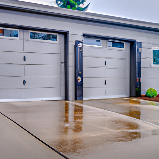Residential sectional garage door partially open on a cloudy day in Burien, WA, showing panels and tracks.