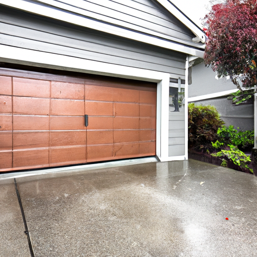 Residential garage with closed sectional door, wet driveway, coastal vegetation in Burien, WA; door panels and hardware visible.