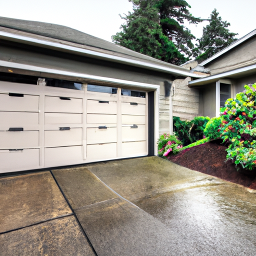 Suburban Burien home with a modern sectional garage door, wet driveway, and coastal landscaping under overcast skies.
