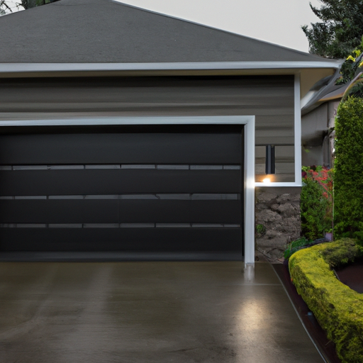 Suburban Burien home with a modern sectional garage door slightly open on a wet morning, evergreen landscaping visible