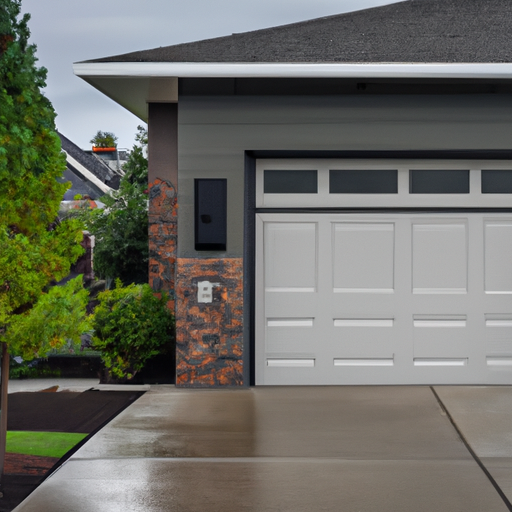 Modern steel sectional garage door with smart keypad, evergreen landscaping and wet pavement in a Burien, WA residential setting.