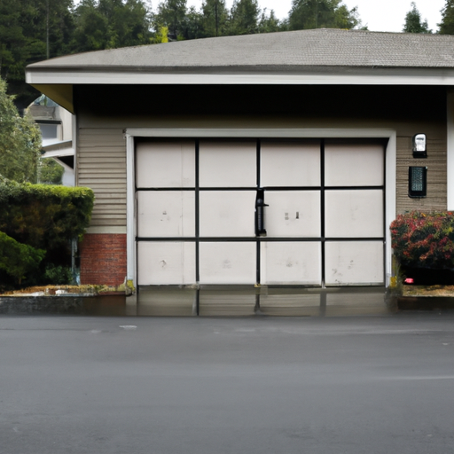 Closed garage door on a single-family home in Burien, WA on a damp overcast day, driveway and trees visible.