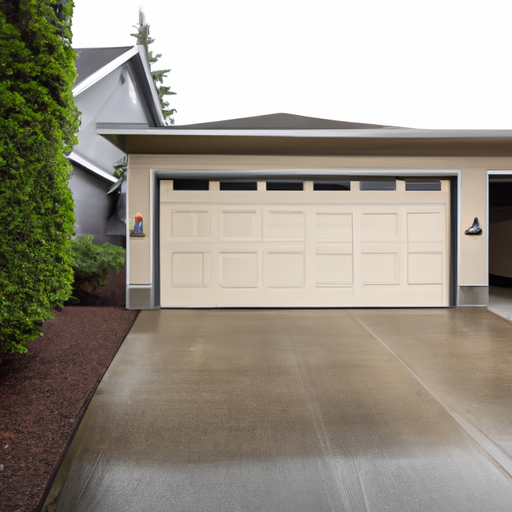 Sectional garage door partially open at a Burien, WA home on an overcast day, driveway and evergreen landscaping visible.