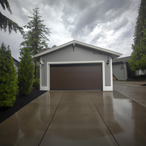 Modern sectional garage door on a Burien, WA home with wet driveway and evergreen backdrop.