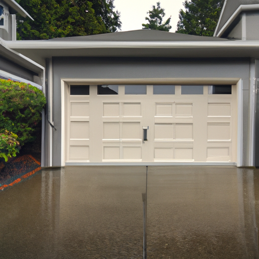 Modern sectional garage door on a Burien, WA home with wet driveway and overcast sky