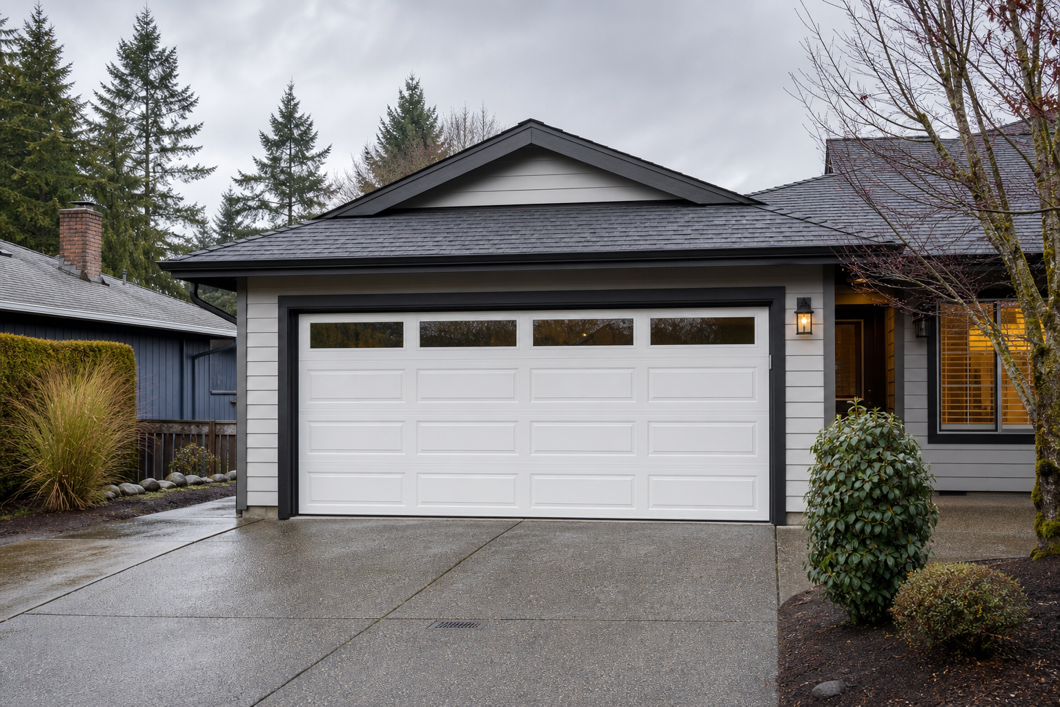 Suburban home garage door exterior in Burien, WA on a quiet residential street
