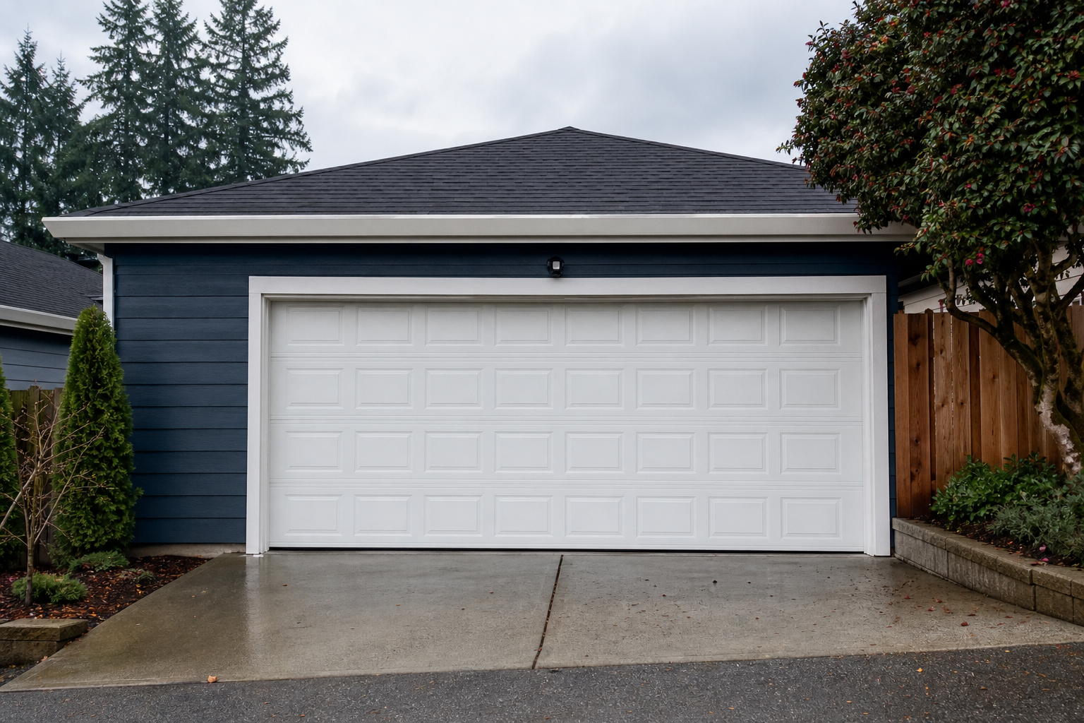 Suburban garage exterior in Burien with the garage door fully visible on a cloudy day